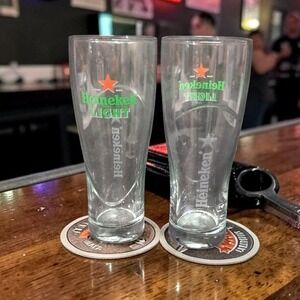 Heineken Light Beer Glasses, Set of 2, Vtg Inspired Red Star Design, Drinkware